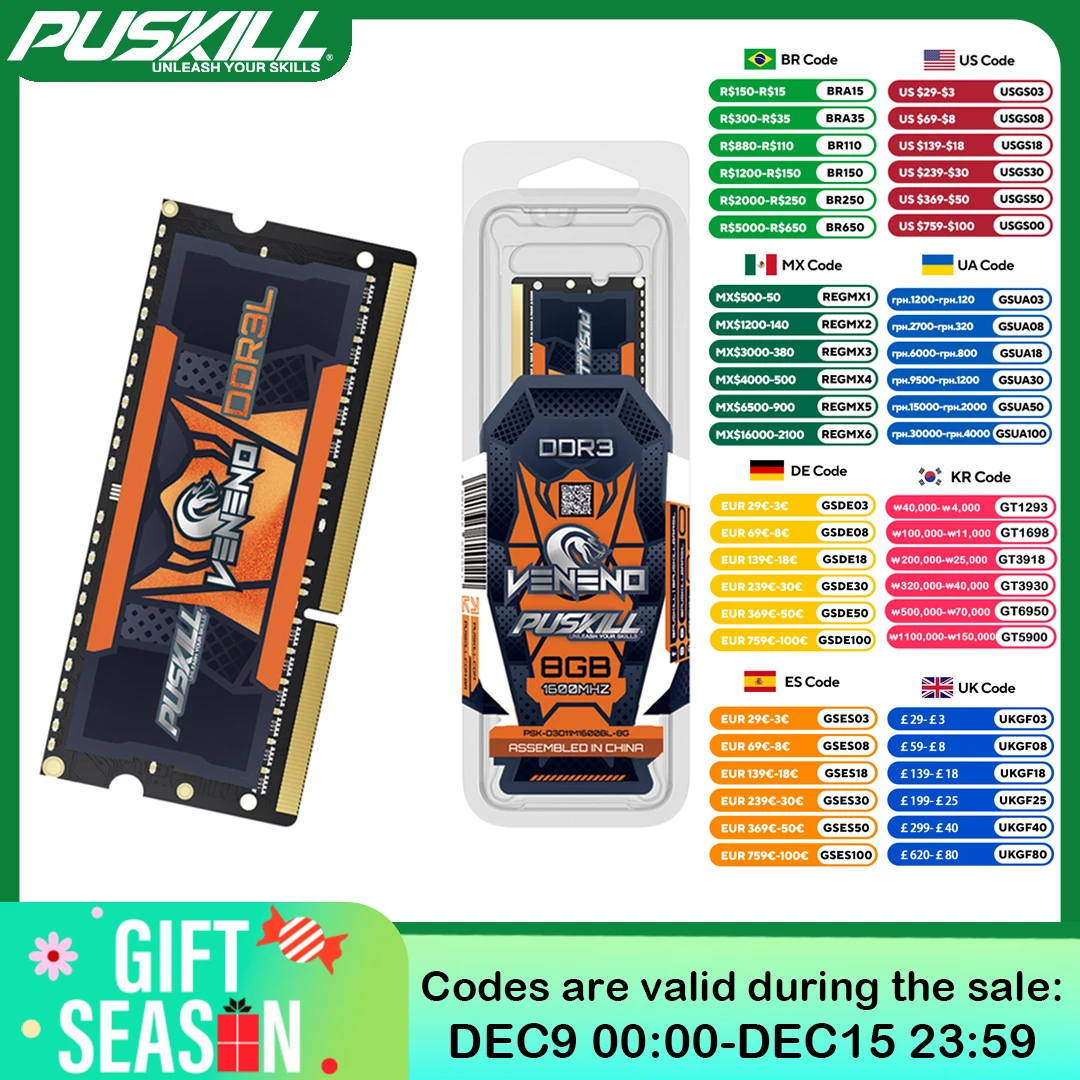 PUSKILL Veneno DDR3L Memória RAM Laptop 8GB 4GB 1.35V 1600MHz 1333MHz PC3 204-PIN SODIMM Notebook Memoria Memory