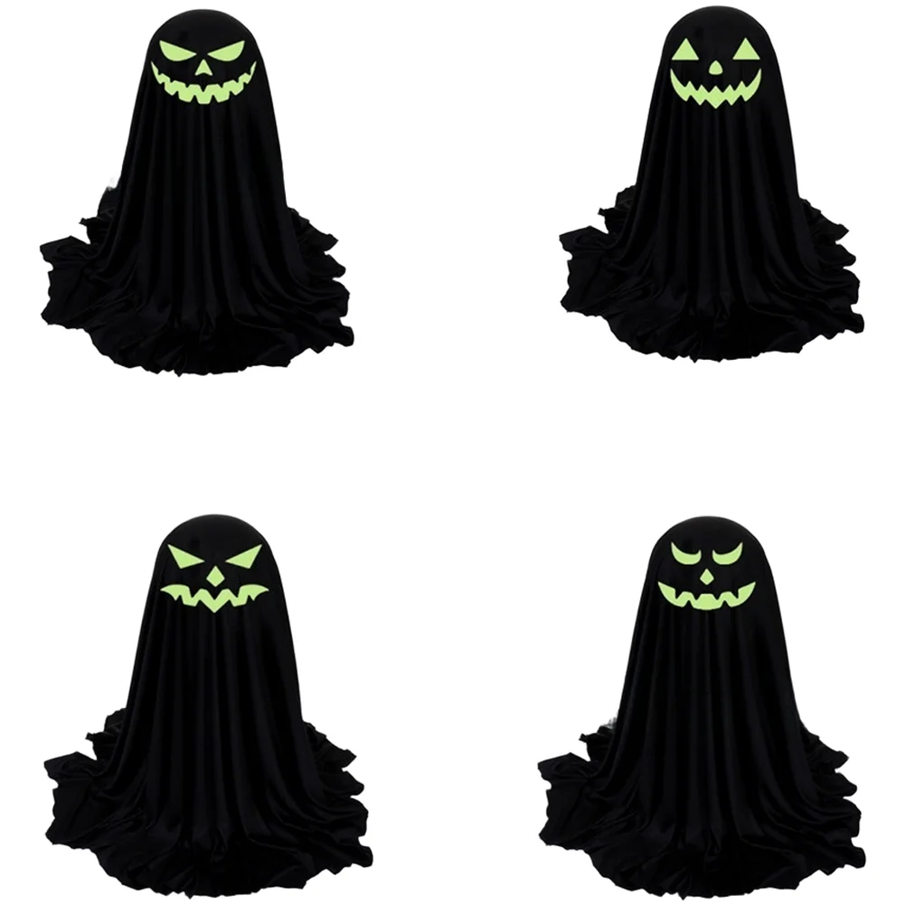 4 Piece Black Cloth Specter Decor with Green Light Emission for Halloween Festive Table Settings and Indoor Display