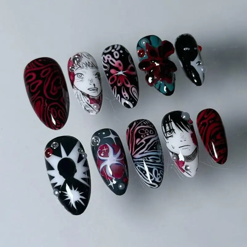 24Pcs Punk Style Press On Nails 3D Rhinestone Spider Gothic Anime Almond Fake Nails for Daily Party Wear