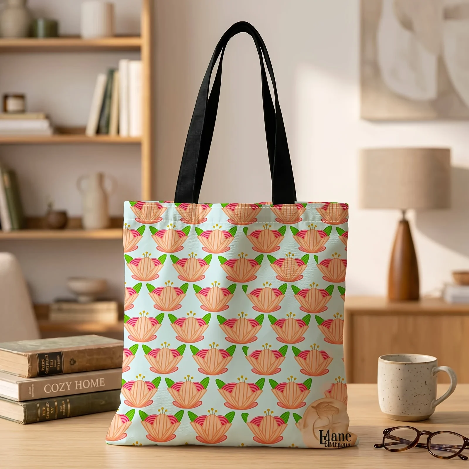 2D Printed Handbag with Blooming Patterns All Over Pattern, Reusable Fashion Shoulder Bag Shopping Tote Bag Suitable for Shoppin