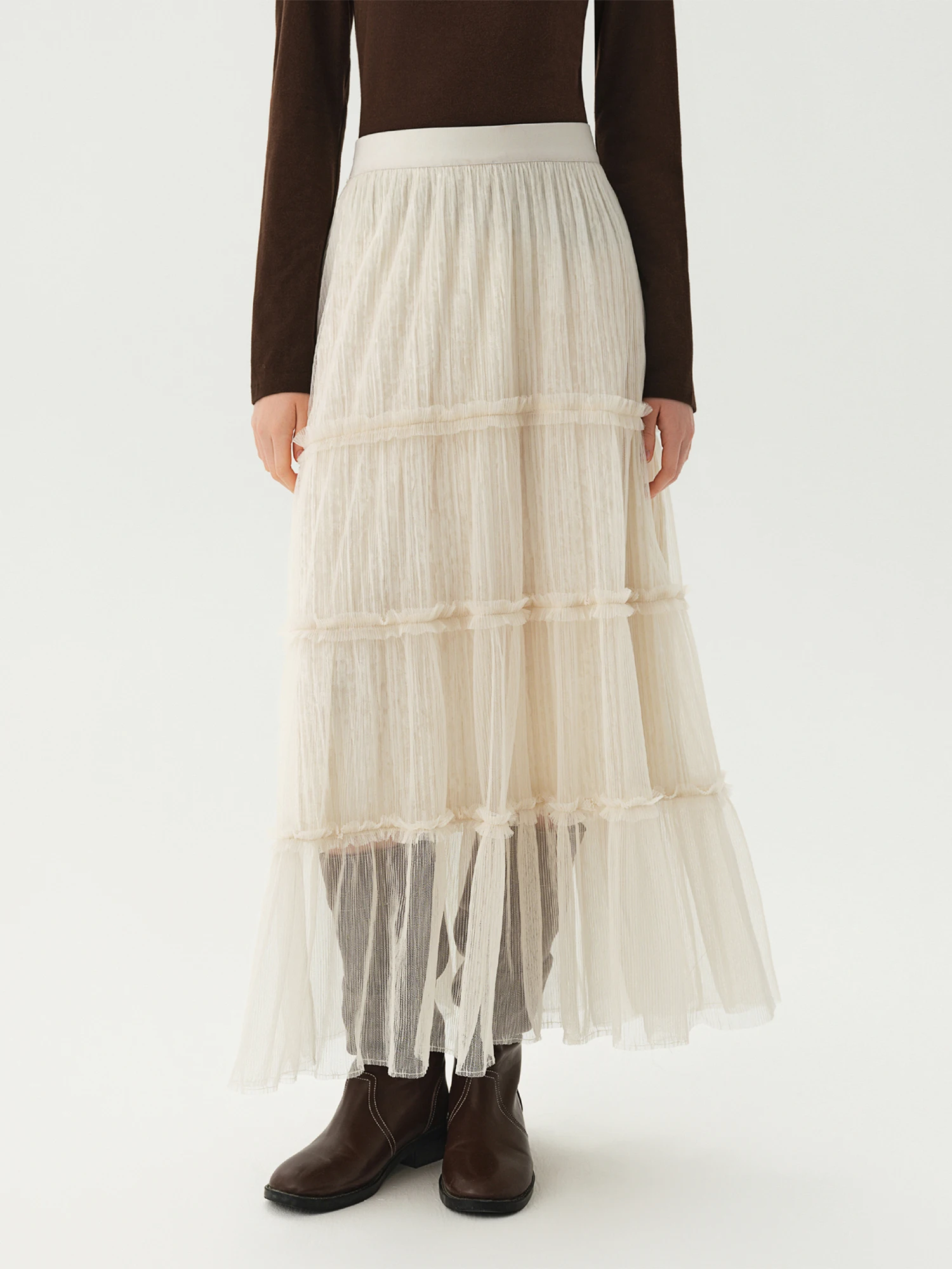 DUSHU Atmospheric Tulle Long Skirt 2026 Winter New High‑Waist Commuter Umbrella Skirt Fashion Voluminous Flared Hem Skirt