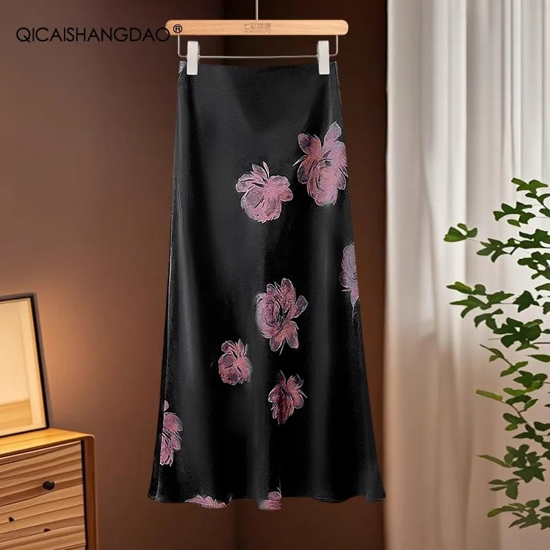 Women Satin Pencil Skirt Floral Printed Soft Smooth Mid-length Skirts Work Office Ladies One-step Skirts