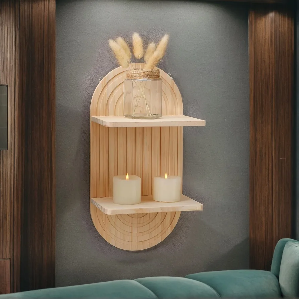 2 Pcs Arched Wooden Boho Wall Shelf 13.78 x 7.09in Arched Floating Shelves 2 Layer Wall Mounted Wooden Hanging Holder Bathroom