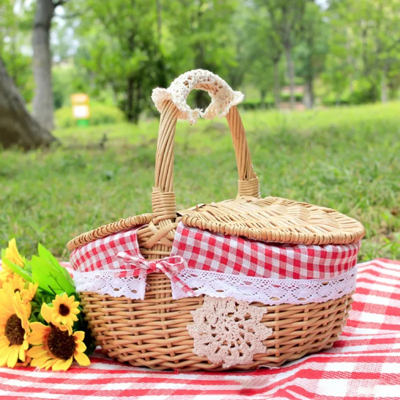 Handmade Wicker Basket With Handle Rattan Woven Picnic Basket With Double Lids Shopping Storage Hamper Basket With Cloth Liner