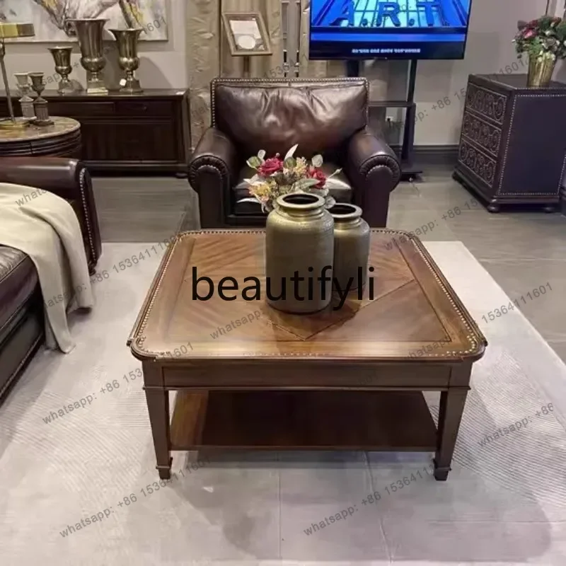 American solid wood retro coffee table square special-shaped Roman column engraving design rivet coffee table