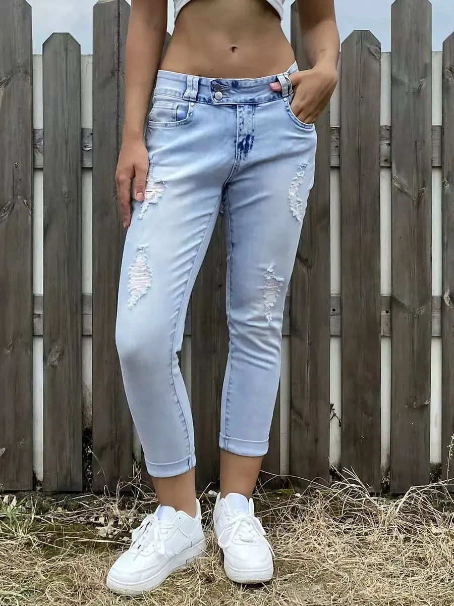 

Женские модные простые стиральные светло-голубые рваные джинсы с двойными пуговицами, эластичные узкие повседневные джинсы с восемью точками