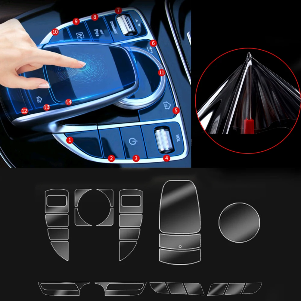 For Mercedes Benz C E GLC Class W205 W213 X253 Car Center Console AC Multimedia stikcer Mouse Buttons CD Panel Protector Film