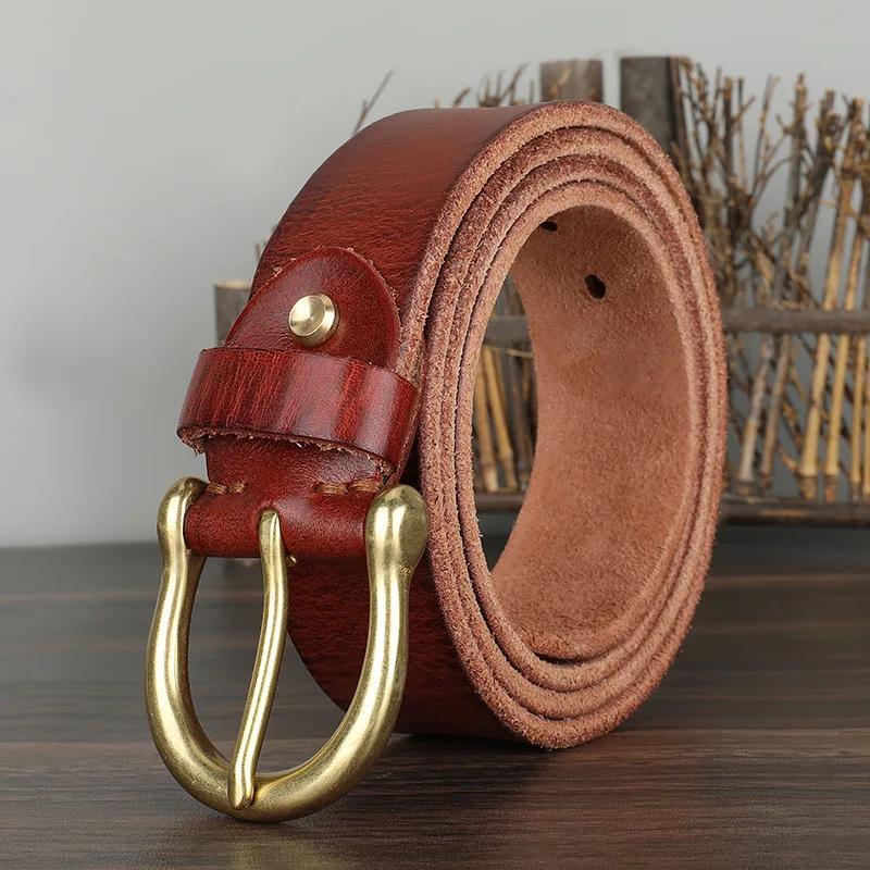 3.8cm Men's Genuine Leather Copper Buckle Simple Casual Jeans Belts,Man Handmade Top Layer Cowhide Retro Belt