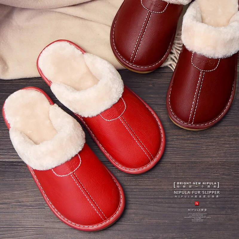 Cotton Slippers Autumn and Winter Home Women's Indoor Thick-soled Warm Household Leather Slippers In Winter