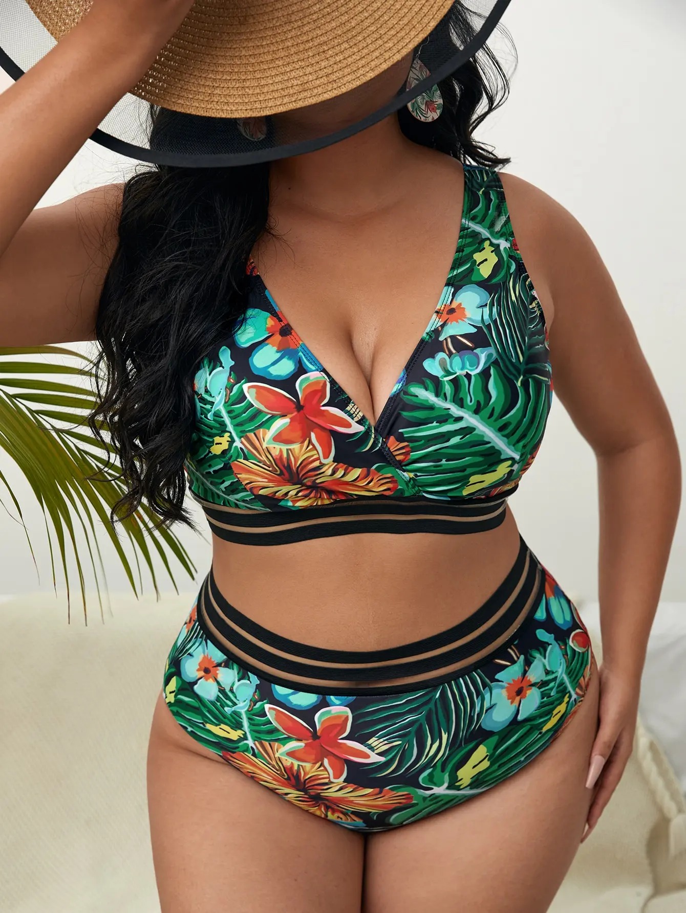 Maillot de bain grande taille, imprimé floral, bikini, pour femmes, taille haute, baigneuses, vêtements de plage, 2023