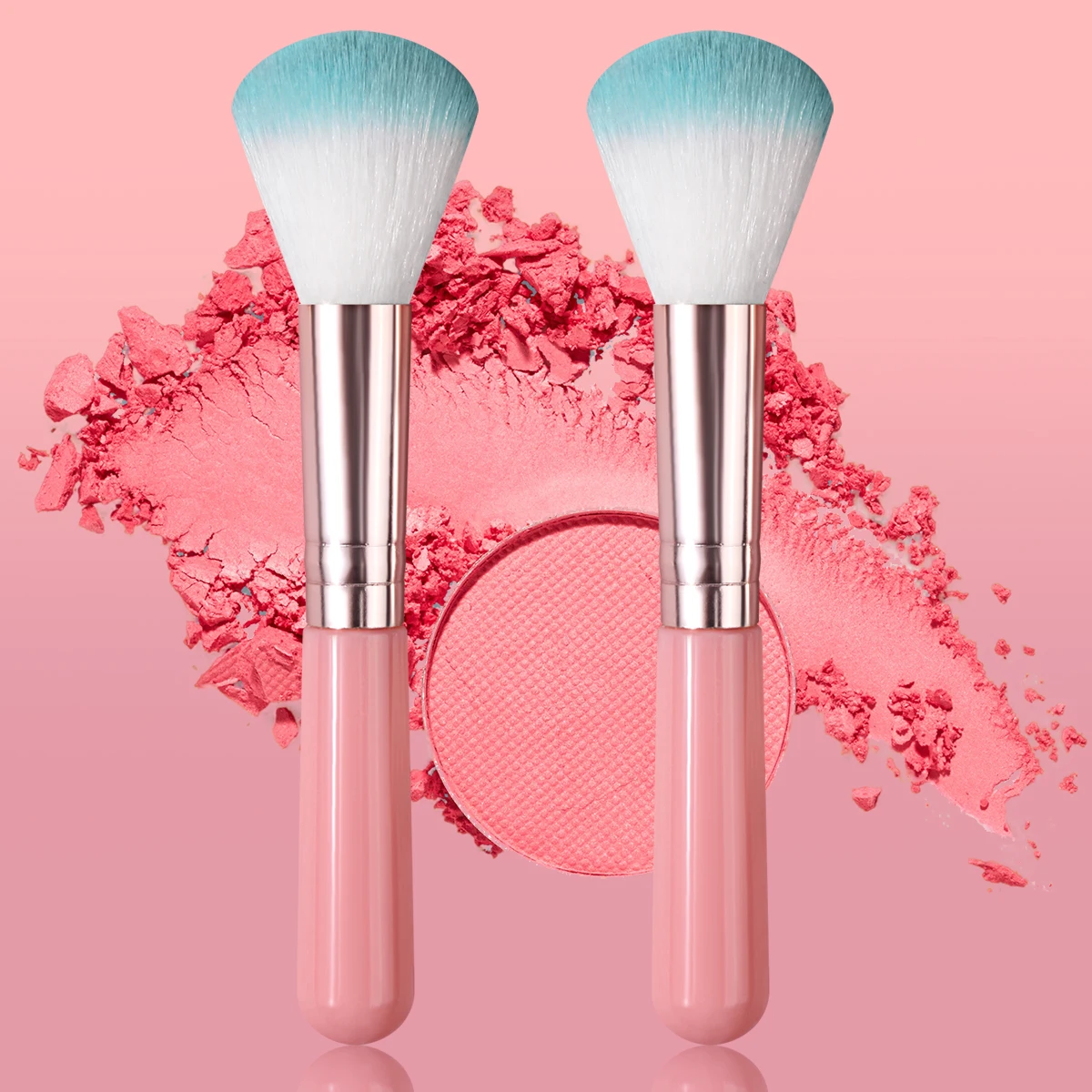 2Pcs Blush Makeup Brushes Pink Handle Silver Ferrule Blue White Two-Tone Fluffy Hair Soft Face Powder Bronzer Blending Brush Por