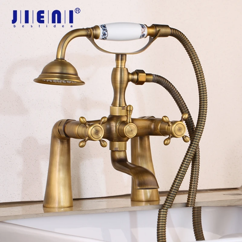 

JIENI Antique Brass Bathroom Bathtub Faucet Bath Sink Hand Shower Faucet Set Deck Monuted Hot & Cold Mixer Tap Faucet