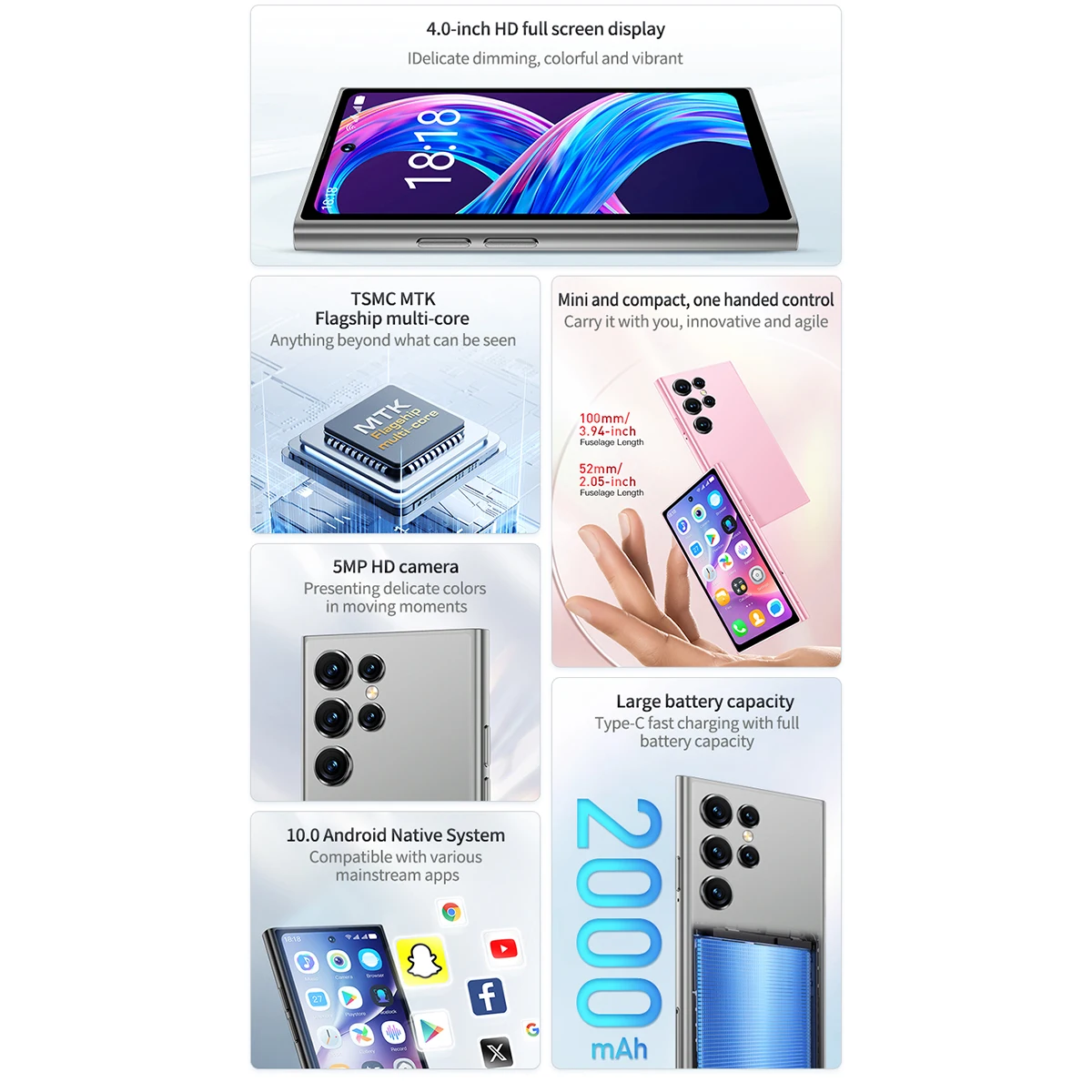 هاتف ذكي صغير من ONEMYTH S25Pro |   4 بوصة + متجر تشغيل + بطارية طويلة المدى 2000 مللي أمبير في الساعة شبكة 3G 2 جيجابايت + 16 جيجابايت أندرويد 10 + متجر بلاي