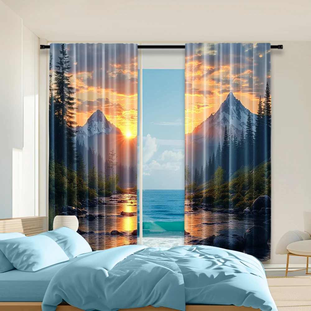 

2 pcs, versatile polyester transparent curtains for home decoration Rock Mountain Nature for use in bedrooms and living rooms