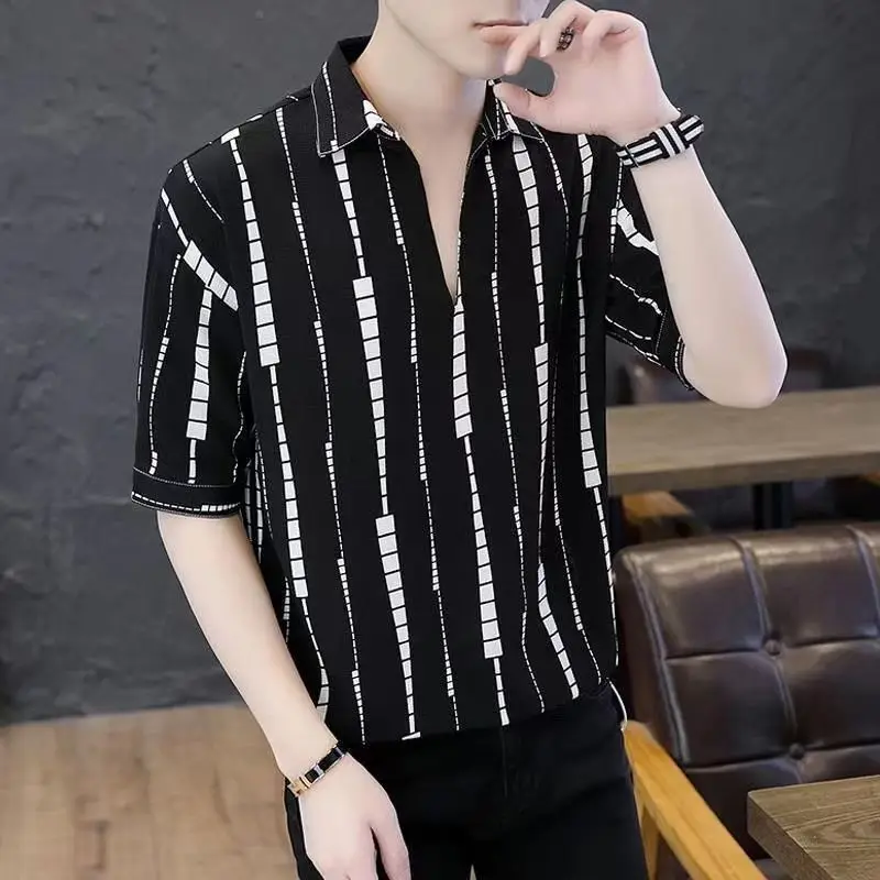 Men's Ice Silk Polo Shirt Summer Thin Short Sleeve Casual Lapel Tops Stripe Loose Fit Middle Aged Youth 3/4 Sleeve Blouse