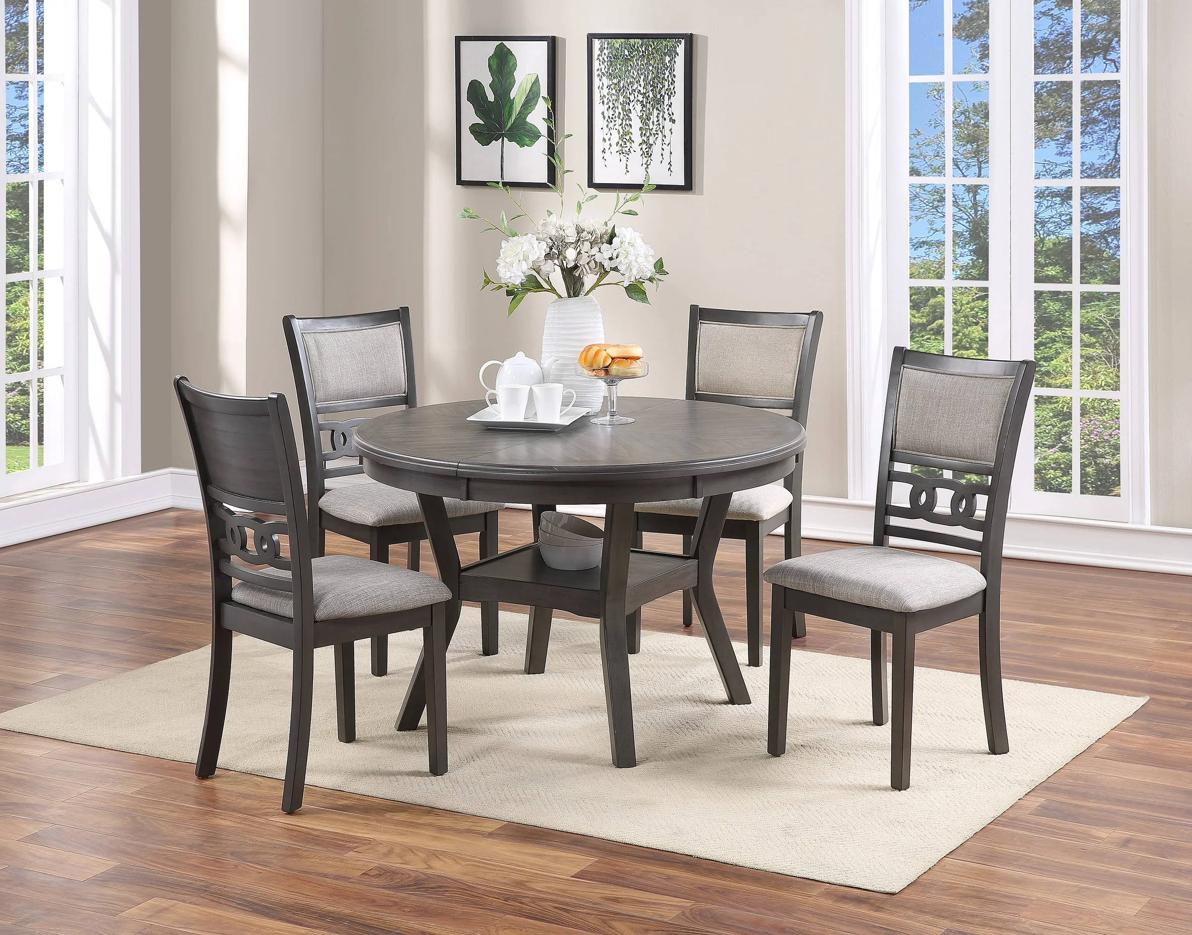 

Dining Room Furniture Gray Rubber wood MDF Round Table 1pc Table w Shelve