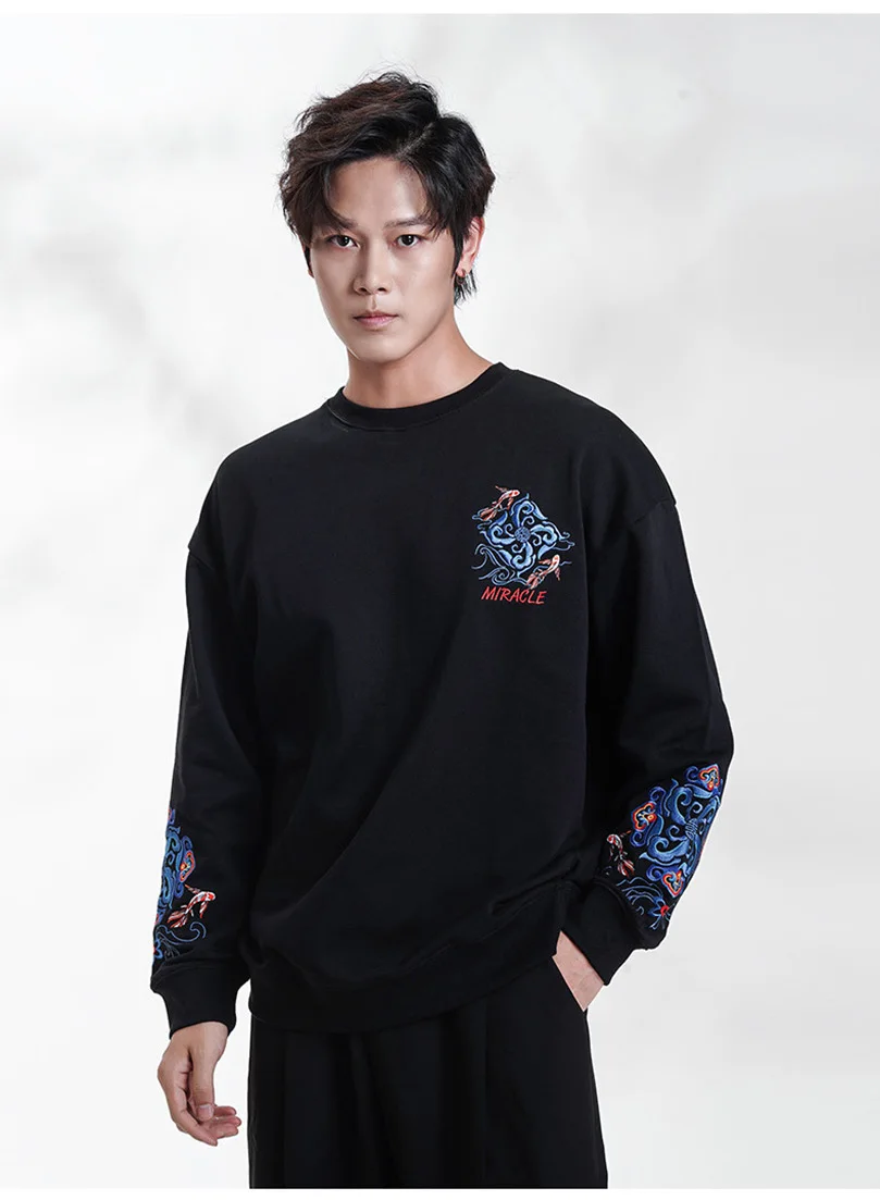 التطريز البلوز الرجال القطن Sukajan الفاخرة الذكور البلوز متماسكة ربيع الخريف الصبي هوديس س الرقبة سحب قميص العرق Z1