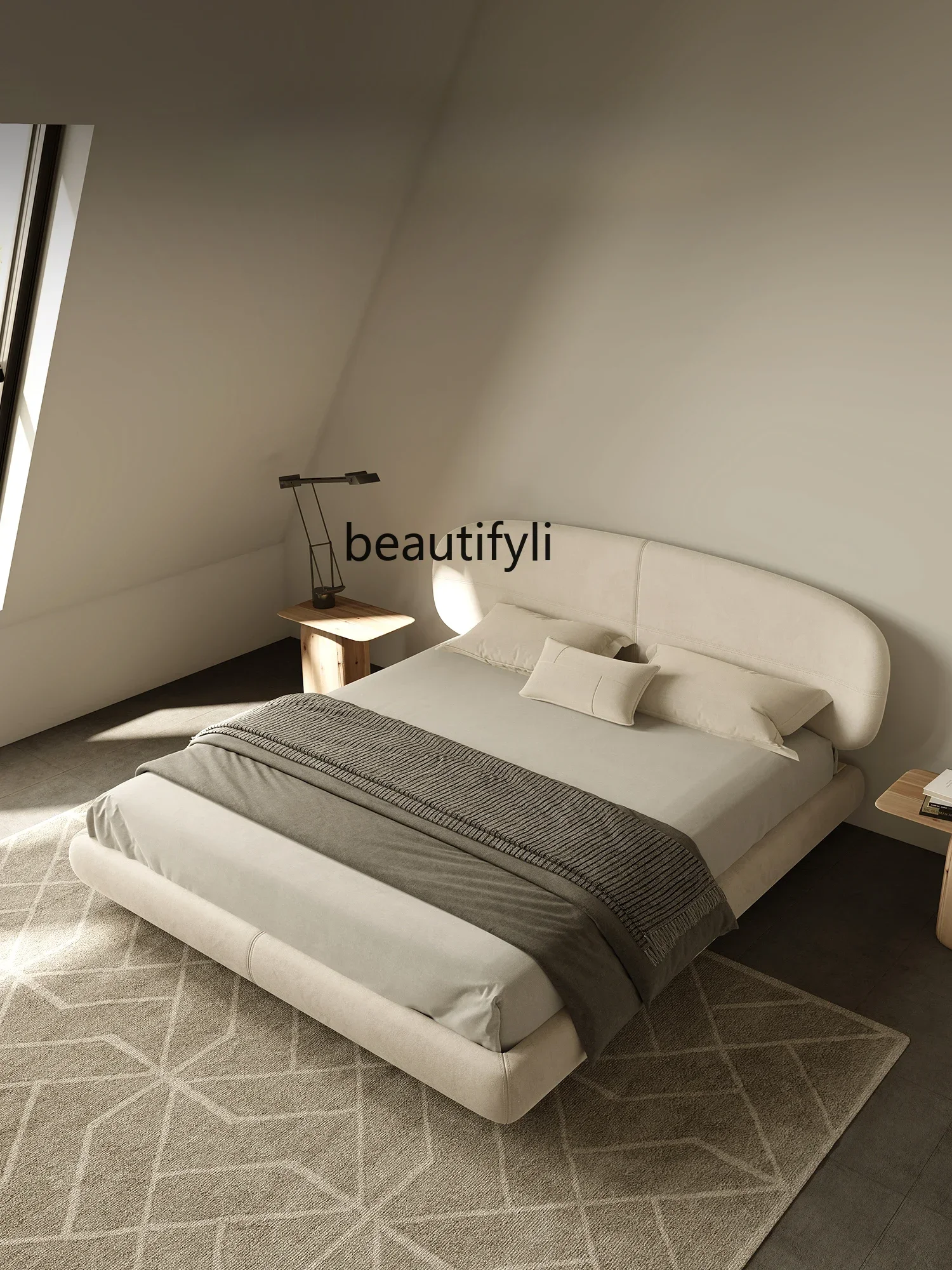 Q181  Italian Minimalist Double Bed Nubuck Suede Cloth Modern Minimalist Suspension Bed Designer Creative Fabric Bed Small Apart
