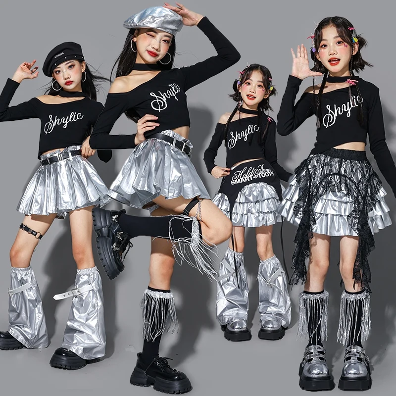 

Костюм Kpop для девочек 2025 года, черный, серебристый, наряд для джазовых танцев, укороченный топ, плиссированная юбка, детская модная одежда для танцевальных шоу 2716