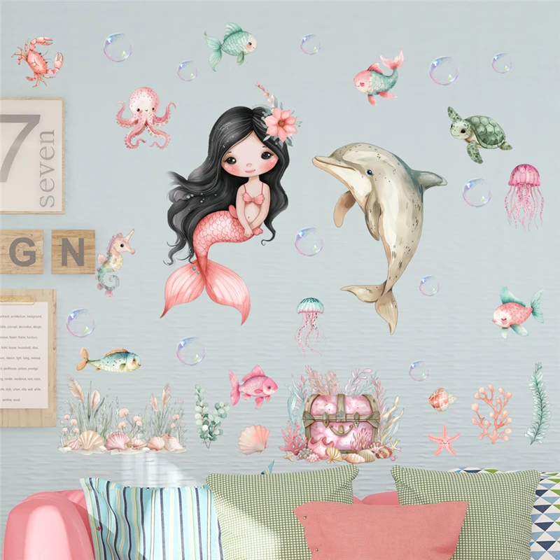 Cartoon Fish Sealife Dolphin Mermaid Wall Stickers For Kids Room Bathroom Decoration Ocean Mural Art Diy Home Decal Girls Poster