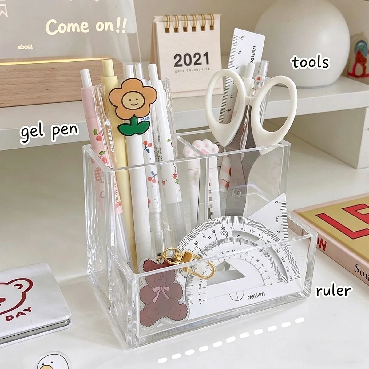 Clear Acrylic Desk Organizer, Multi-Compartment Pen Holder for Office & School Supplies