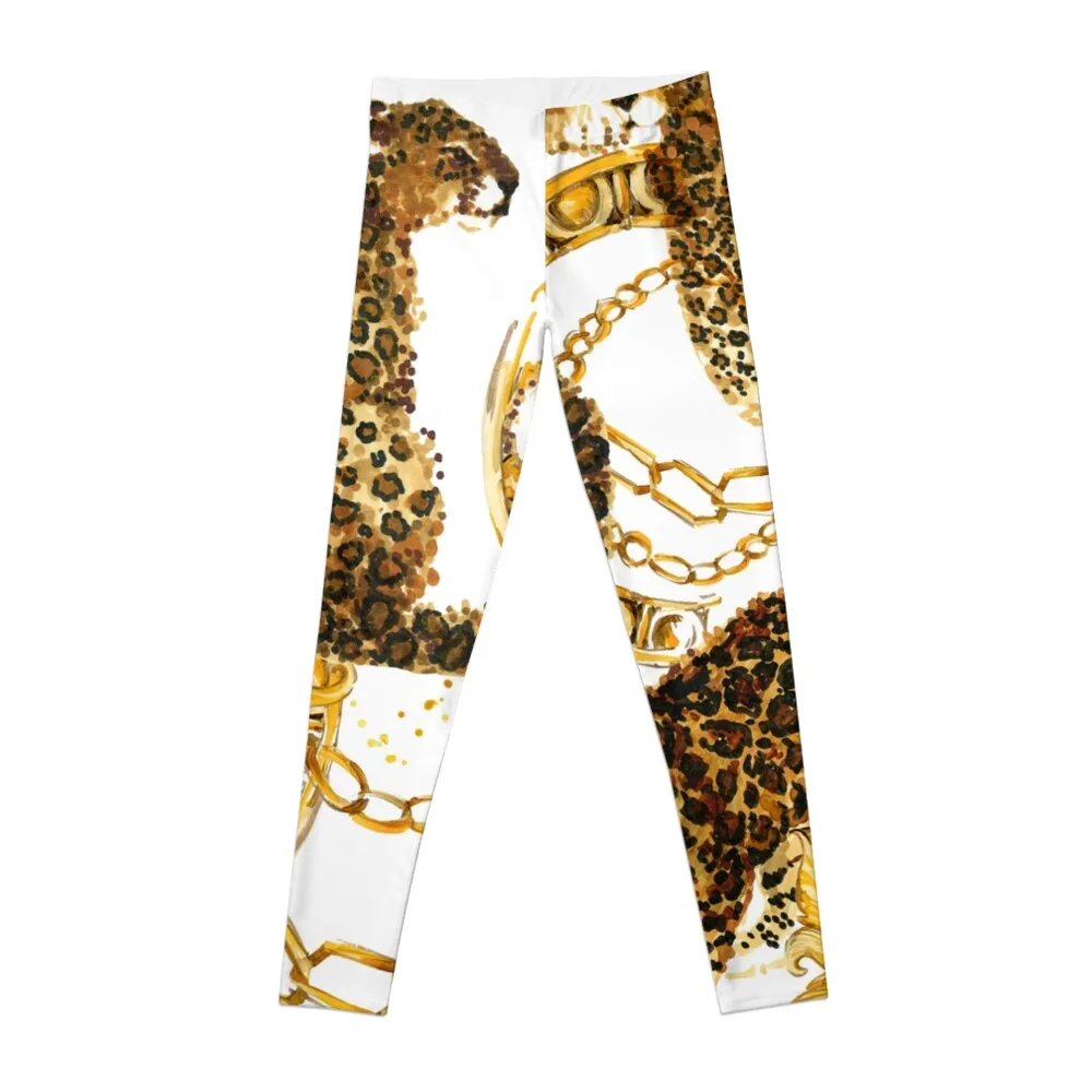 golden leopard baroque seamless pattern. Watercolor vintage gold lace ornament. luxury textile print Leggings