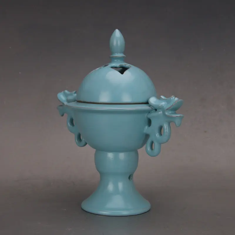 Song Ru Ware Blue Glaze Double Ear Dragon Hollow Incense Burner Reproduction Porcelain Home Decor Collectible