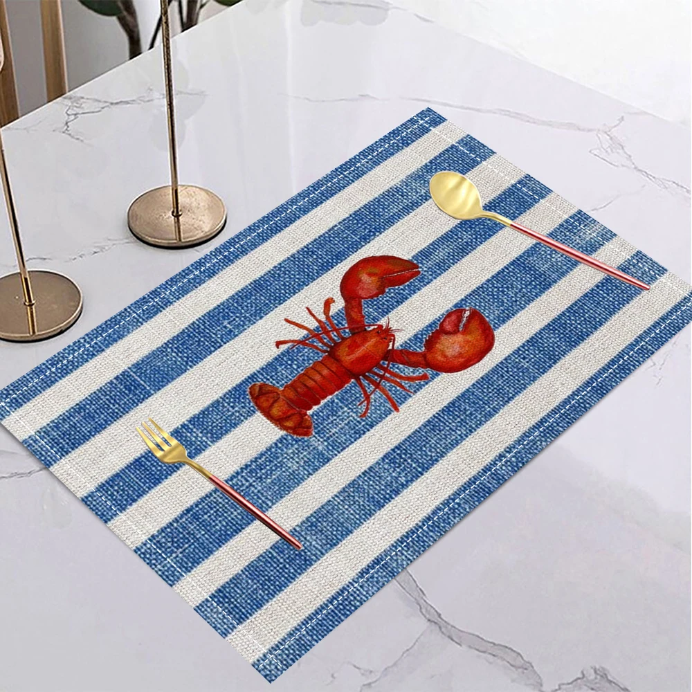 Boho Style Table Mat Placemats Blue And White Stripes With Red Lobster Print For Kitchen Dining Table Decor Retro