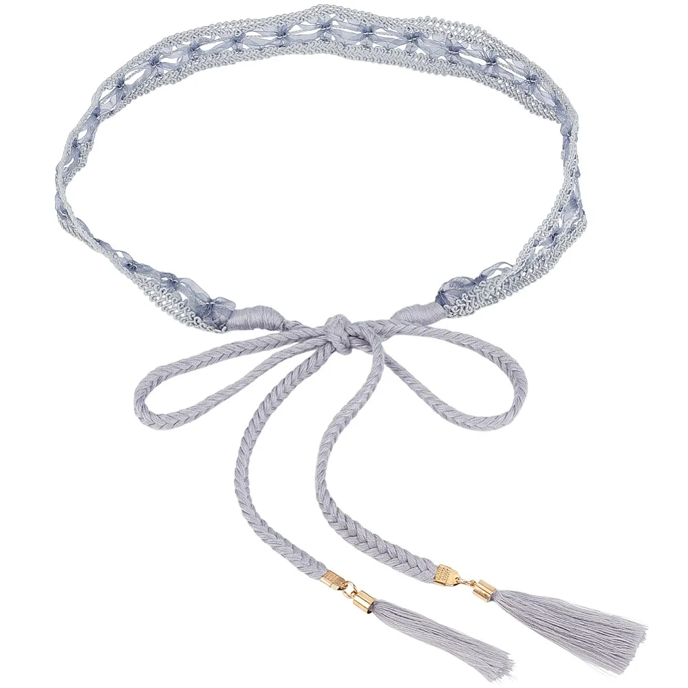 

1Pc Cotton and Flower Lace Tassel Waist Belly Belts with Alloy Findings Golden Gray 1560x30mm