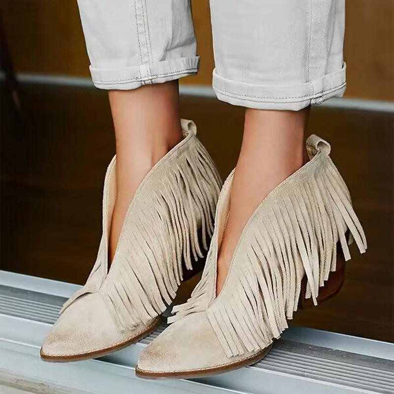 

Spring Retro Suede Tassel Covered Slip on Ankle Boots Beige Black Pointy toe Wooden Block Heel Vintage fringed Boots Shoes Woman