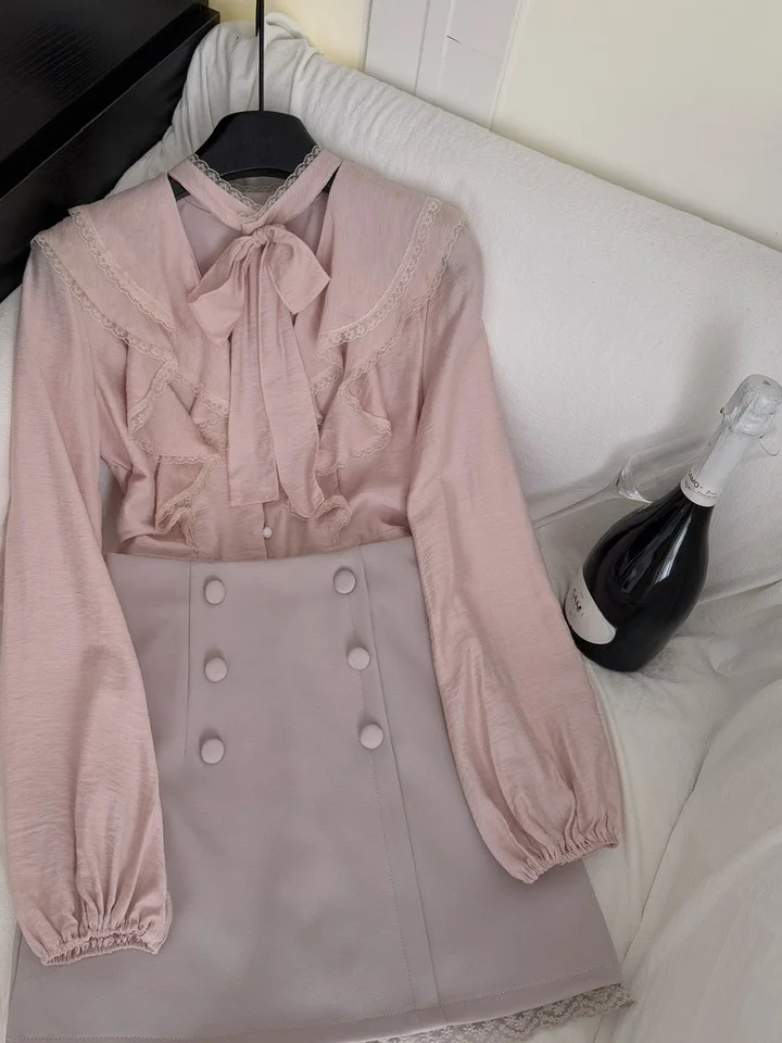 

Ele Lace Splicing Long Sve irt Комплект юбки с высокой талией Женский осенний модный нежный женский наряд