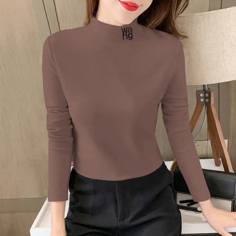 Thickened Double-sided Plush Brushed Half High Collar Beige Bottomed Shirt for Women's Autumn and Winter New Long Sleeved Top