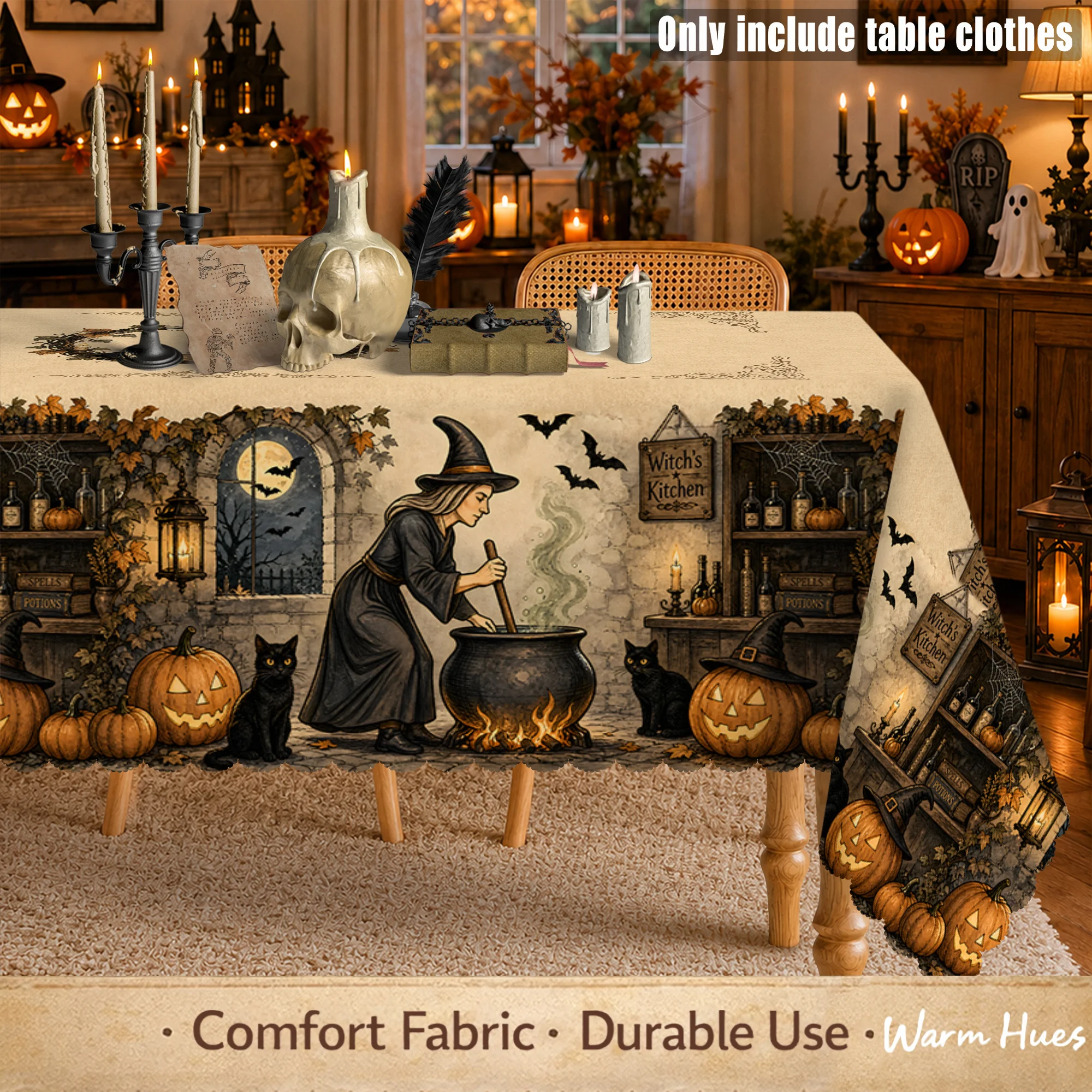 1 piece, vintage Halloween witch tablecloth, witch's smelting pot, paired with a black catzyc