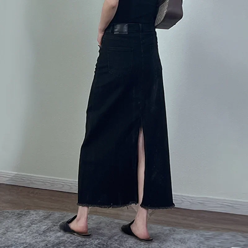 

Frayed High Waist A-line Spring Summer Denim Dress Leg-length Thin Skirt