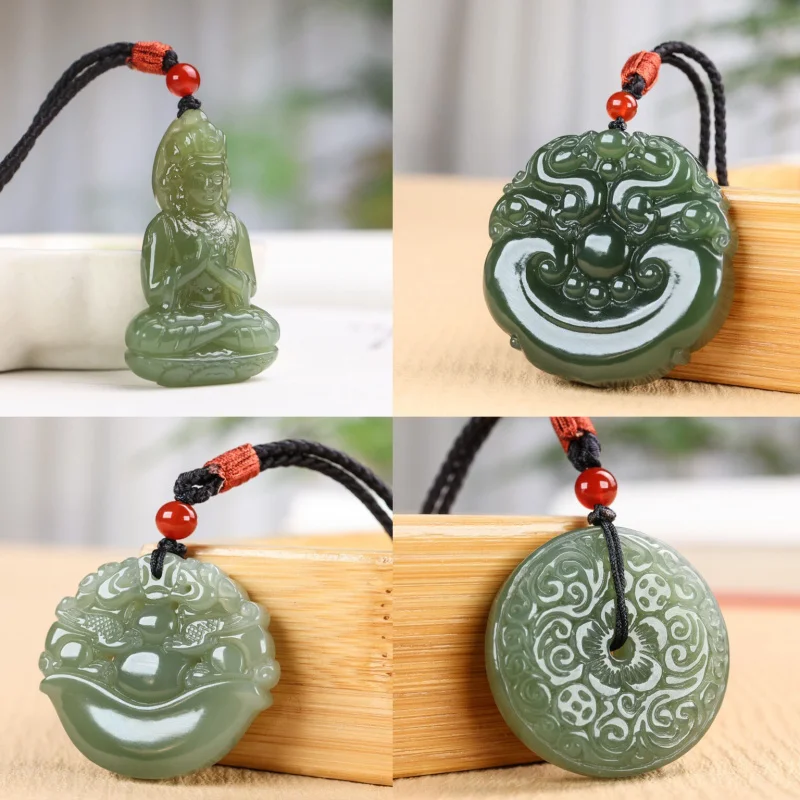 

Lake green Hetian Guanyin double Ruyi ingot Pixiu money peace jade pendant
