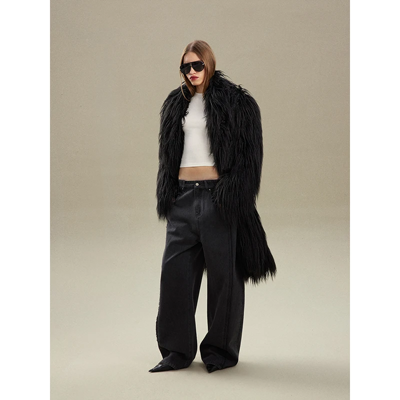 เสื้อโค้ทหนังยาว Handl Inc คอปกขนสัตว์เทียมรักษ์โลก แจ็คเก็ตผู้หญิงทรงหลวม สไตล์สตรีท สำหรับฤดูหนาว