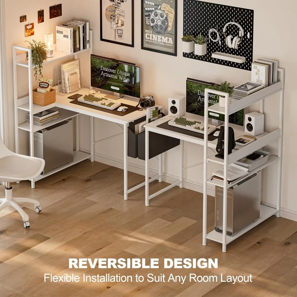L-Shaped 40 Inch Computer Desk with Reversible Storage, Corner Office Desk for Home, Study Writing Table with Hutch