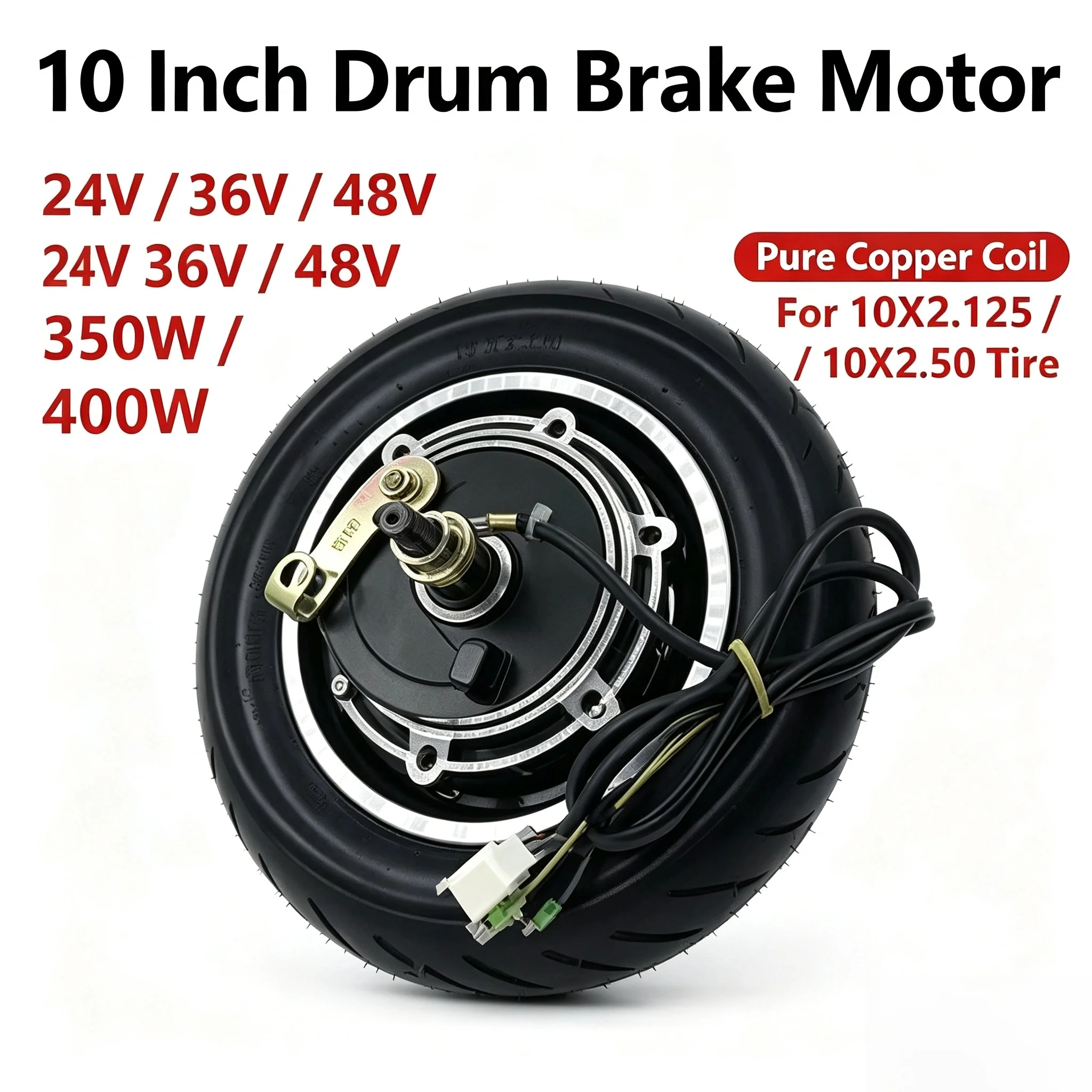 10 Inch Drum Brake Hub Motor 24V 36V 48V For 10x2.0 10x2.50 Vacuum Tire E‑Scooter Mini Harley E‑Bike Replacement Drive Wheel