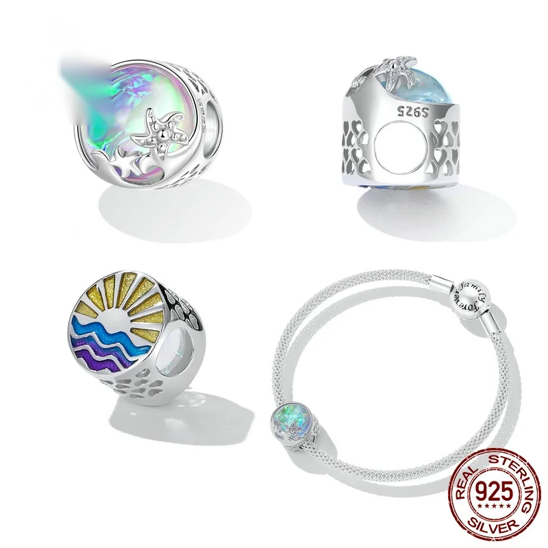 Original S925 Sterling Silver Beach Wave Beaded Bracelet Charms Plated With Platinum Dripping Oil Illusion Starfish Beads Access