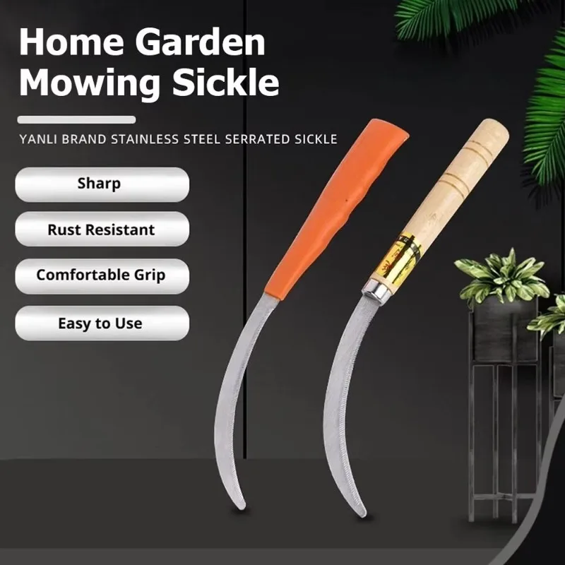 Weeding Sickle With Wooden Handle Stainless Steel Scythe Farming Tool Kit With Teeth For Weed Removal Lawn Patio Terrace Sickle