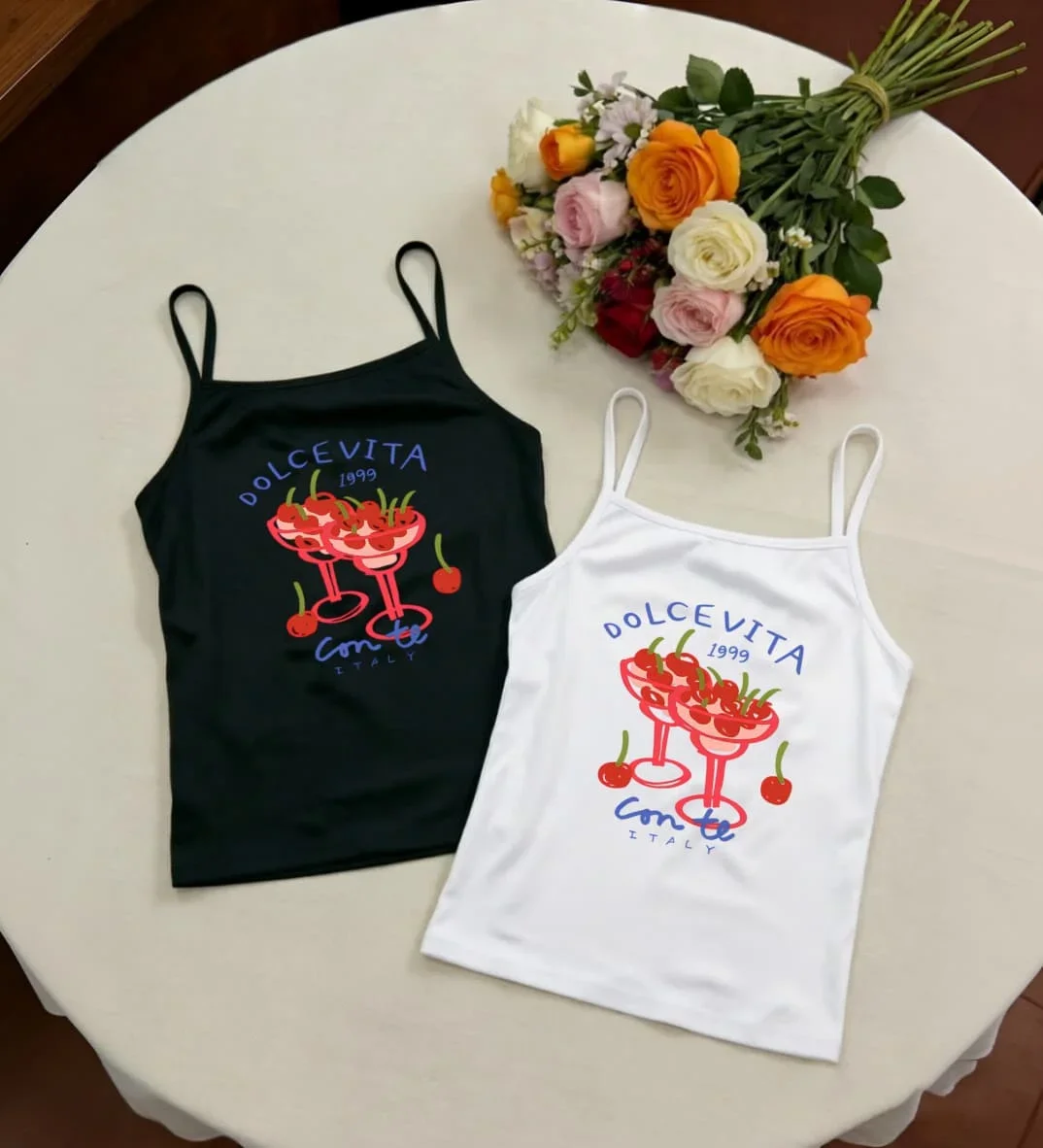1/2pc Cherry Cocktail Dolce Vita Italy Camisole Women Lettering Graphic Tank Top Tomato Girl Aesthetic Cute Party Wear Attire