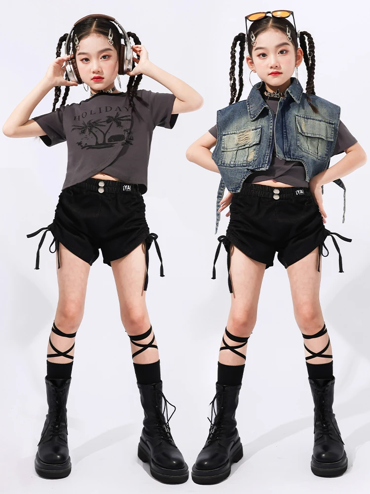 Hip Hop Mädchen Retro T-shirt Denim Weste Jeans Cargo Hosen Kinder Street Dance Shorts Kleidung Set Kinder Streetwear K-pop Kostüme – Detail 6