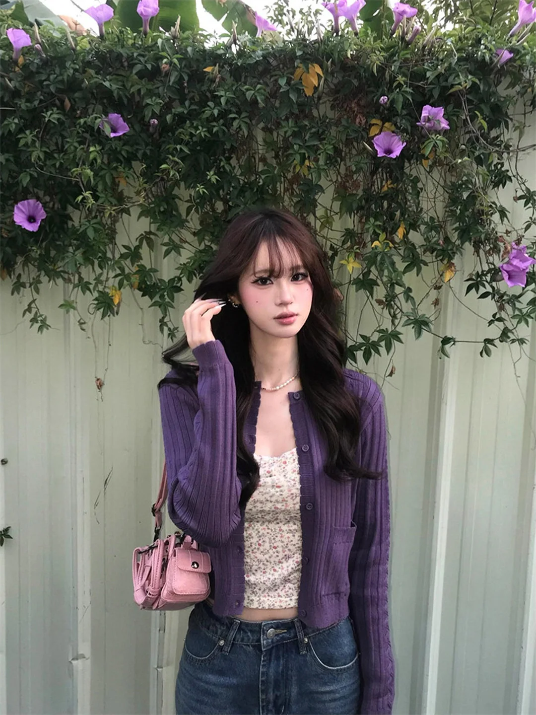 

Purple Texture Short Knitted Open Cardigan Women's Spring Summer New Style High Quality Slimming Floral Halter Top Clothes