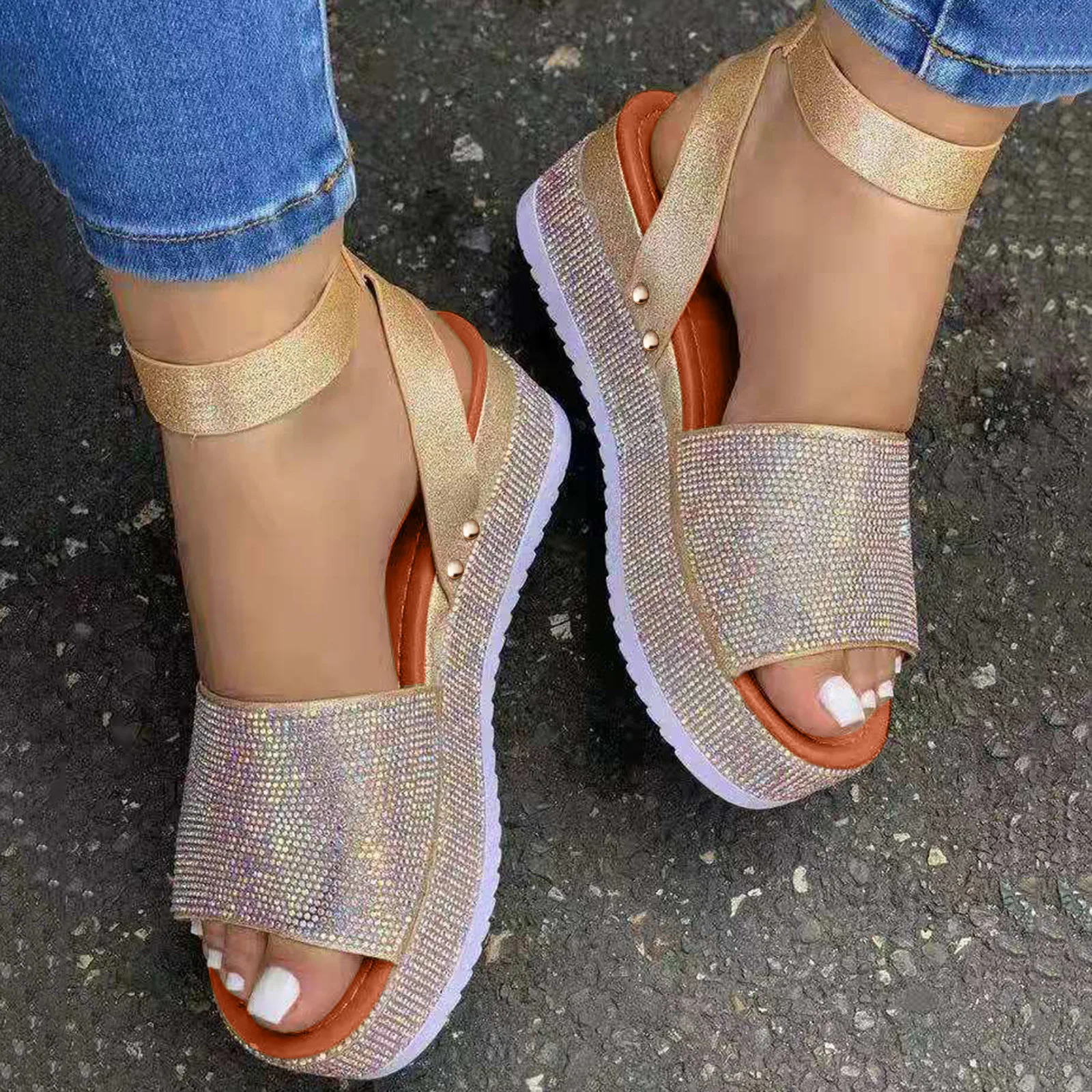 Ladies Sandals Fashion Rhinestone Wedge Sandals Ladies Summer New High Heels Platform Shoes Outdoor Open Toe Casual Sandals