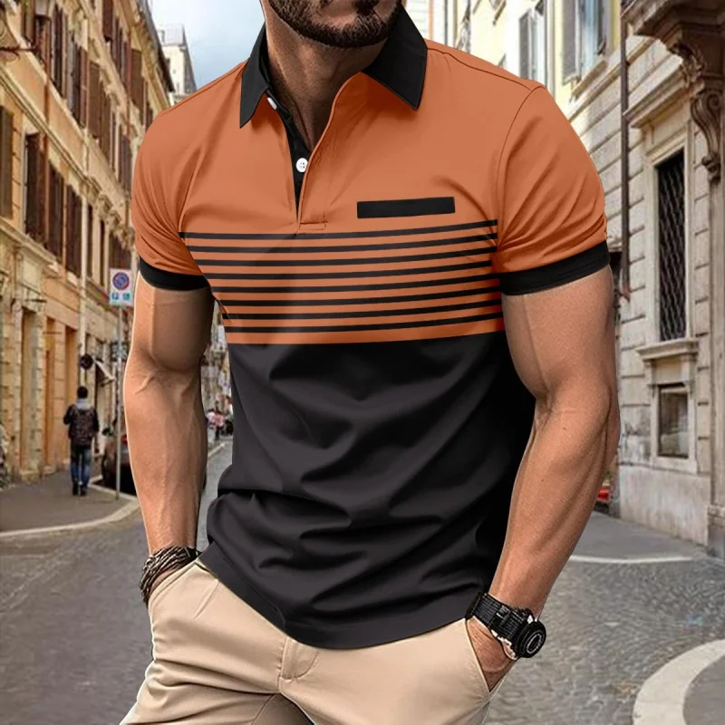 Men's striped polo shirt, fashionable and versatile pullover collar casual business shirt for holidays - short sleeve version