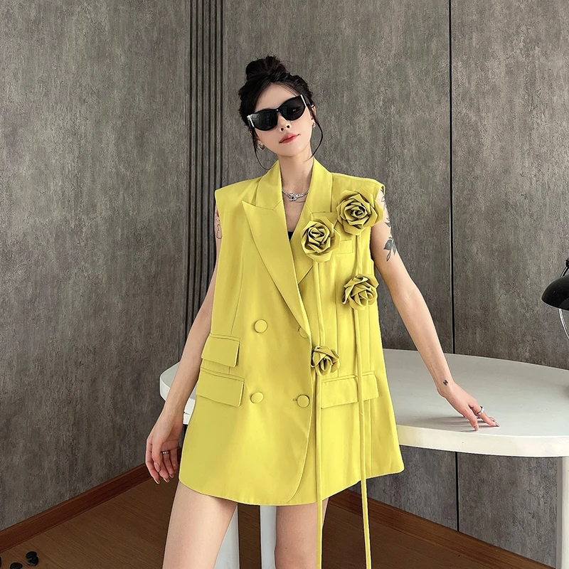 Chic Women 3D Flowers Decor Ribbons Suits Vest Jacket Floral Tassels Sleeveless Blazer Coat Turn Down Collar Tank Cardigan Tops