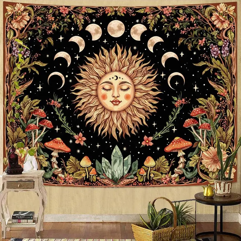VIKAMA Mystical Sun Moon Mushroom Wall Tapestry Black Background Center Face Lunar Phase Crystal Flower Star Occult Boho Decor
