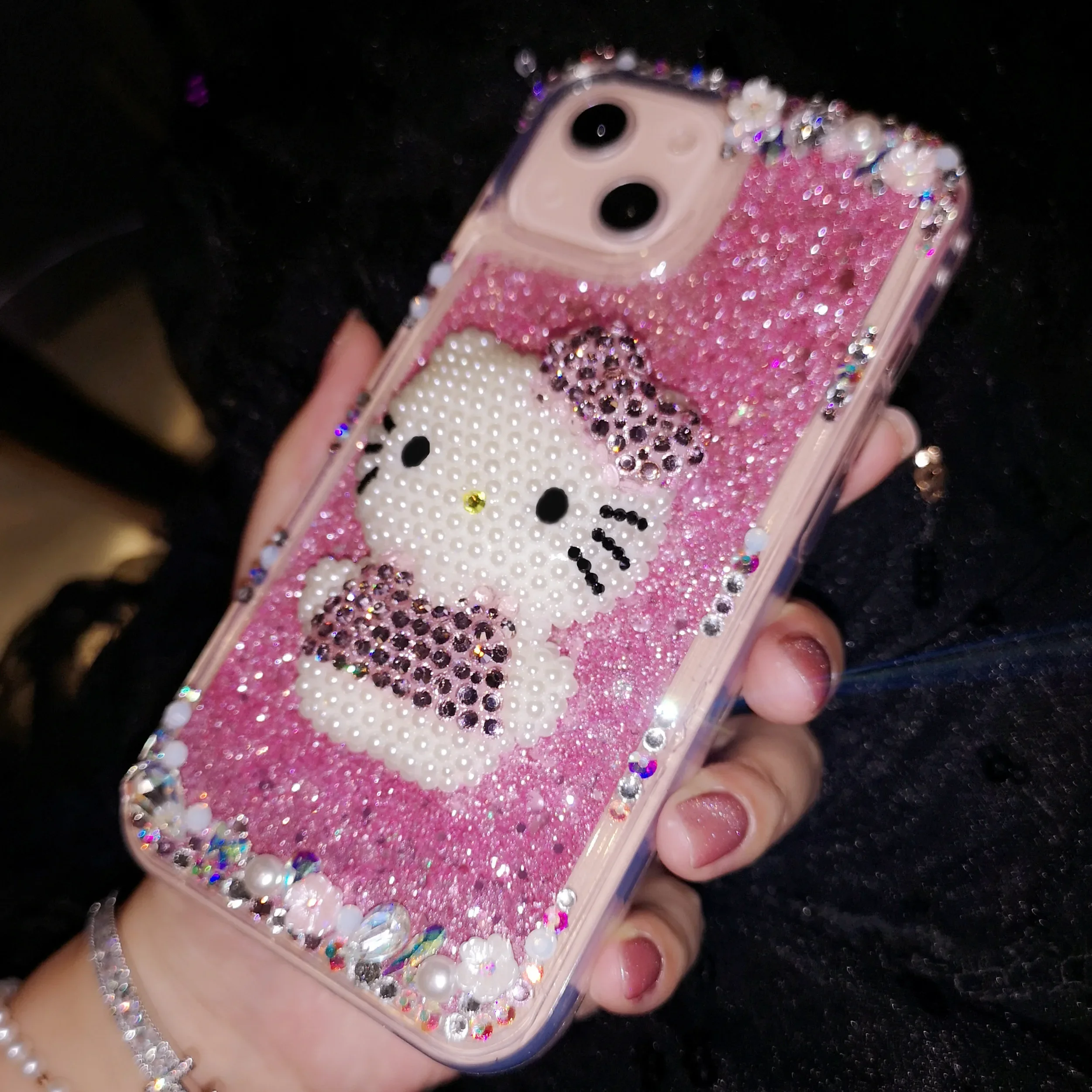 For iPhone 13pro Max with Diamond 14 Phone Case 12 Rhinestone Quicksand 8 plus Hello Kitty 11 Protective Case Xs Female 15