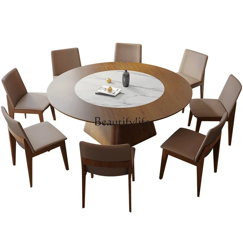 

FG28Large round dining table household solid wood with embedded turntable round table Chinese wabi sabi large