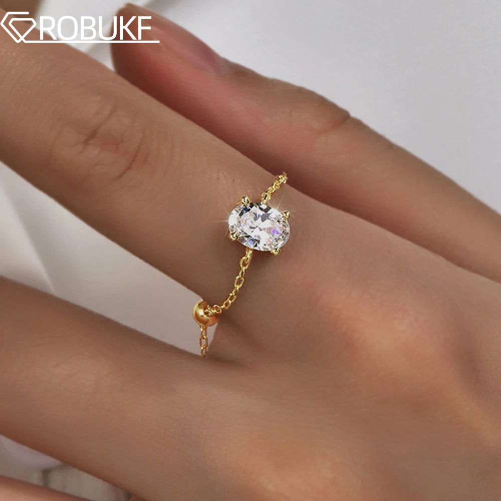 

1CT Solitaire Moissanite Diamond Link Chain Ring for Women S925 Silver Adjustable Band Stacking Rings with Dangle Beaded Ball